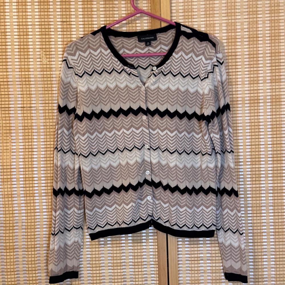 Calligraphie Womens Chevron Zigzag Button Front‎ Cardigan Beige Black Size M Art